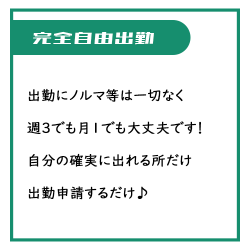 出勤にノルマ等は一切なし、週３日でも月１日でも大丈夫です。自分の出勤したい日だけ申請するだけ♪