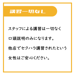 スタッフやキャスト同士の講習などは一切ございません、口頭説明のみで簡単に始められます。他店でセクハラ講習されたという方もご安心ください。